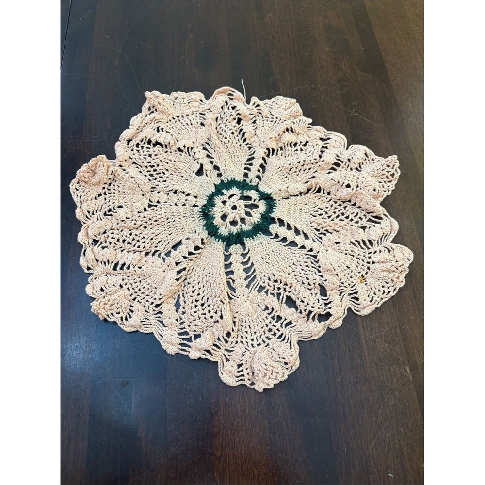 Large Handmade Crochet Peach Doily with Green Center